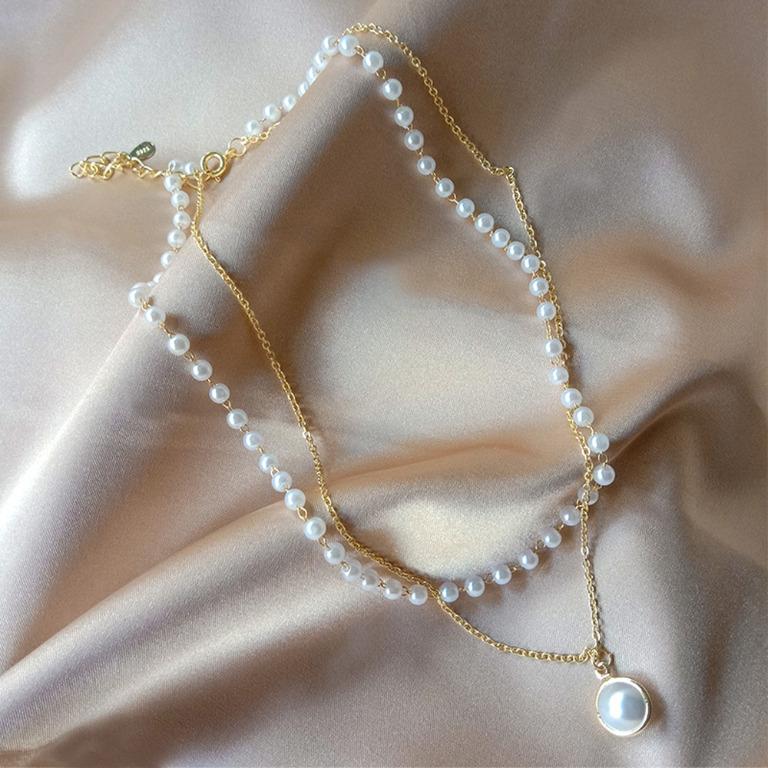 PO New Fashion Kpop Pearl Choker Necklace Cute Double Layer Chain