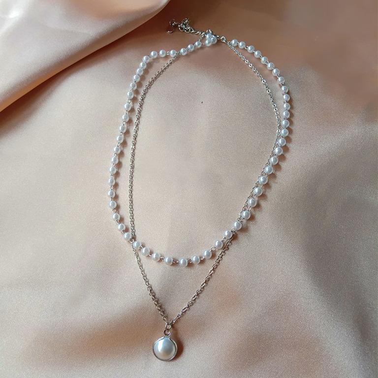 PO New Fashion Kpop Pearl Choker Necklace Cute Double Layer Chain Pendant For Women Jewelry Girl Gift