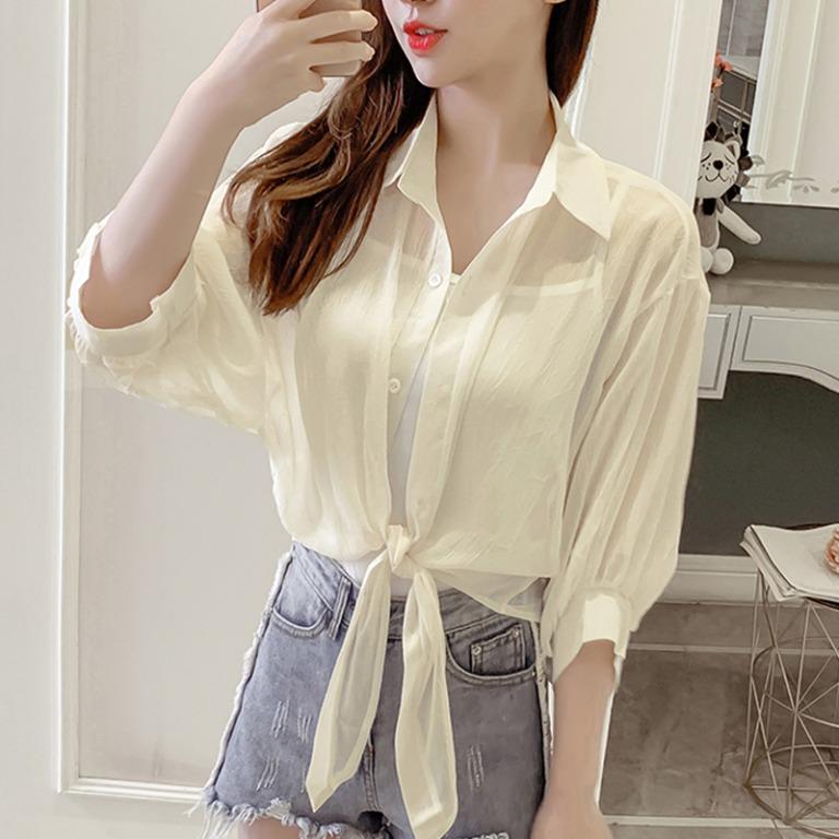 PO Summer Half Sleeve Buttoned Up Shirt Loose Casual Blouse Chiffon Shirts Women Tied Waist Elegant Blouses for Women Korean Fashion Casual Ulzzang
