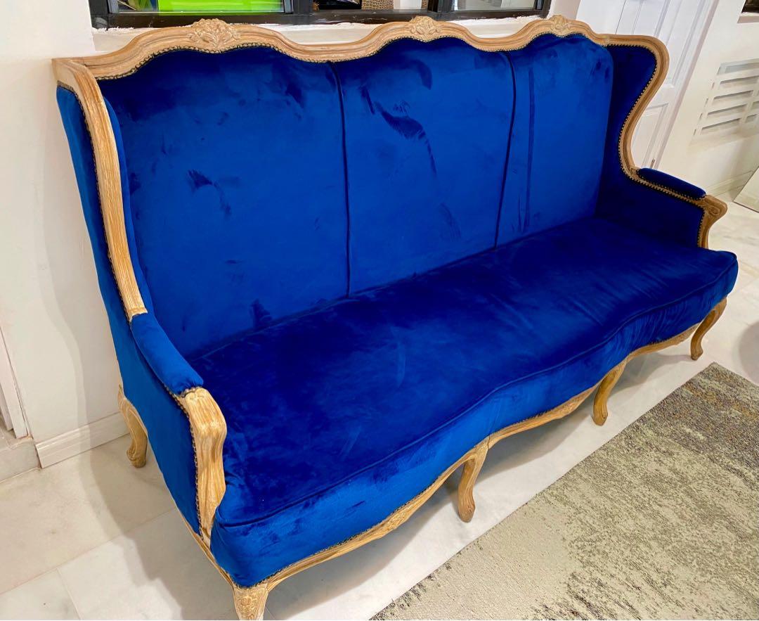 French Victorian Sofa Couch 3 seater solid wood oak in blue, Furniture