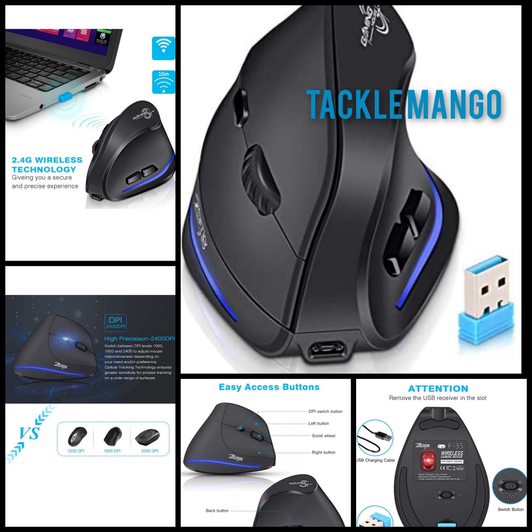 zelotes F35 2.4G Wireless Vertical Mouse Rechargeable Ergonomic Mouse ...