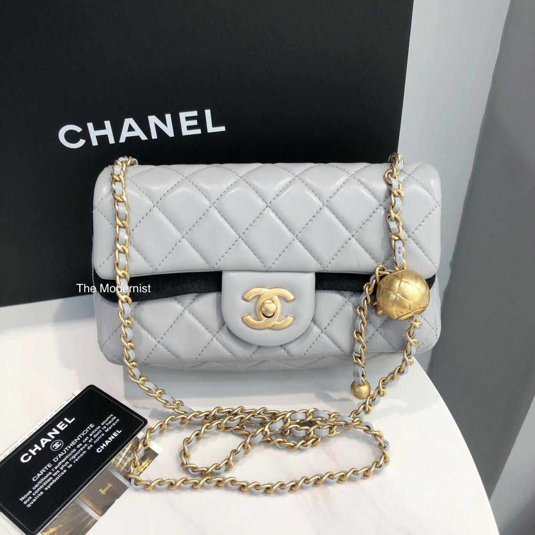 Authentic Chanel Grey Lambskin Gold Pearl Crush Mini Rectangular with Gold  Hardware