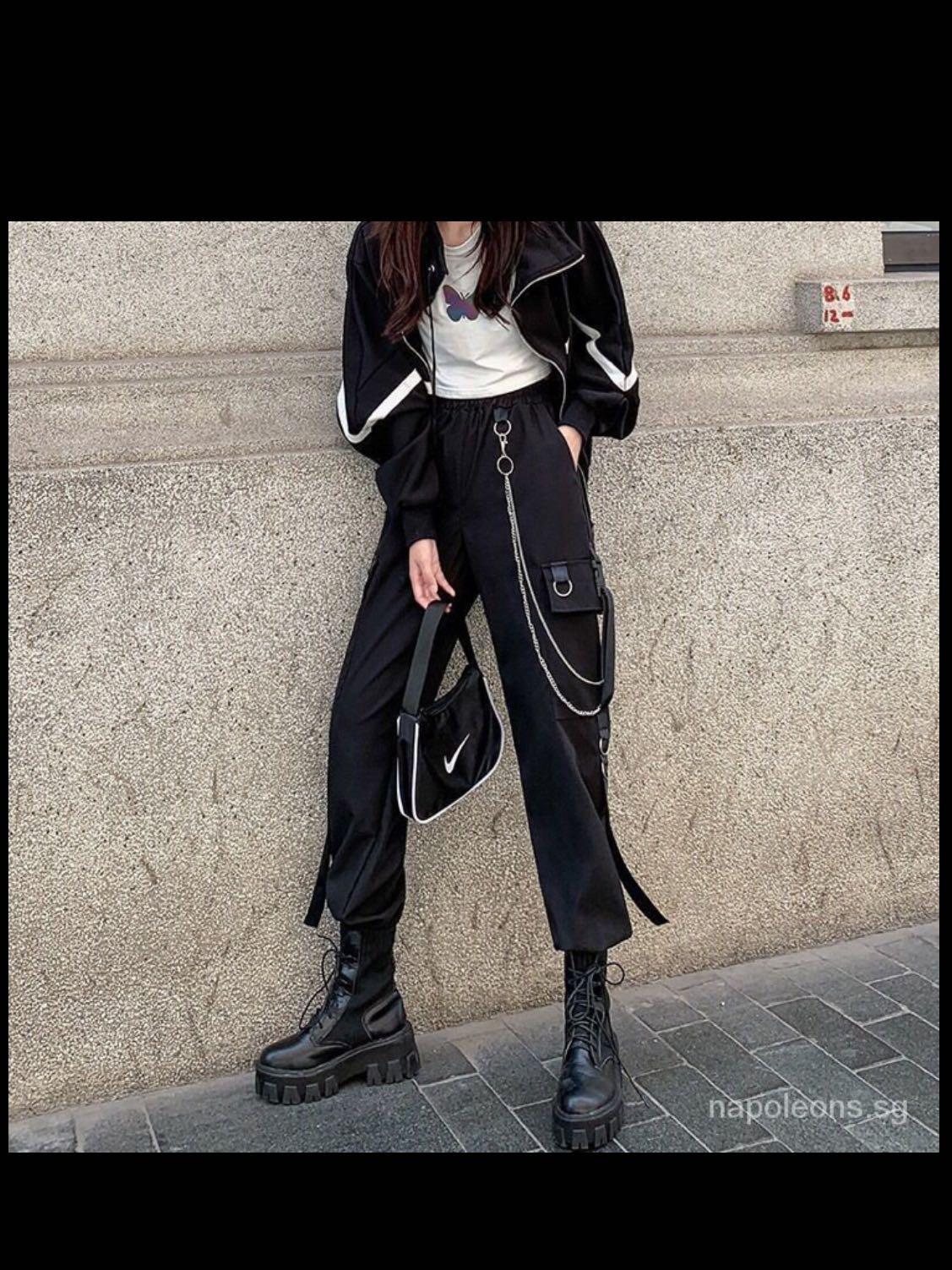 Women Black Trousers Pants with Chain Pocket High India  Ubuy