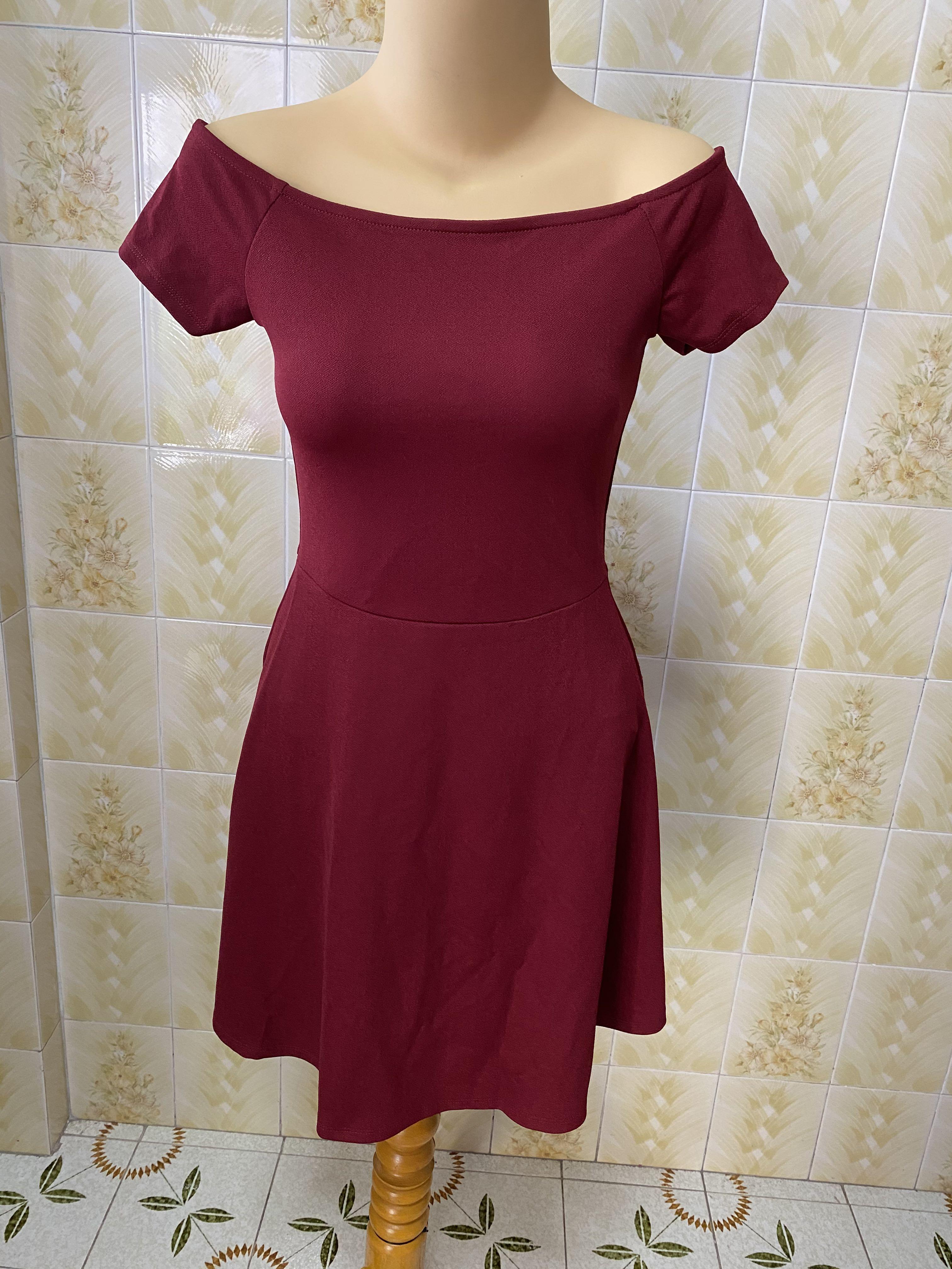 Maroon Red Off Shoulder Mini Skater Dress