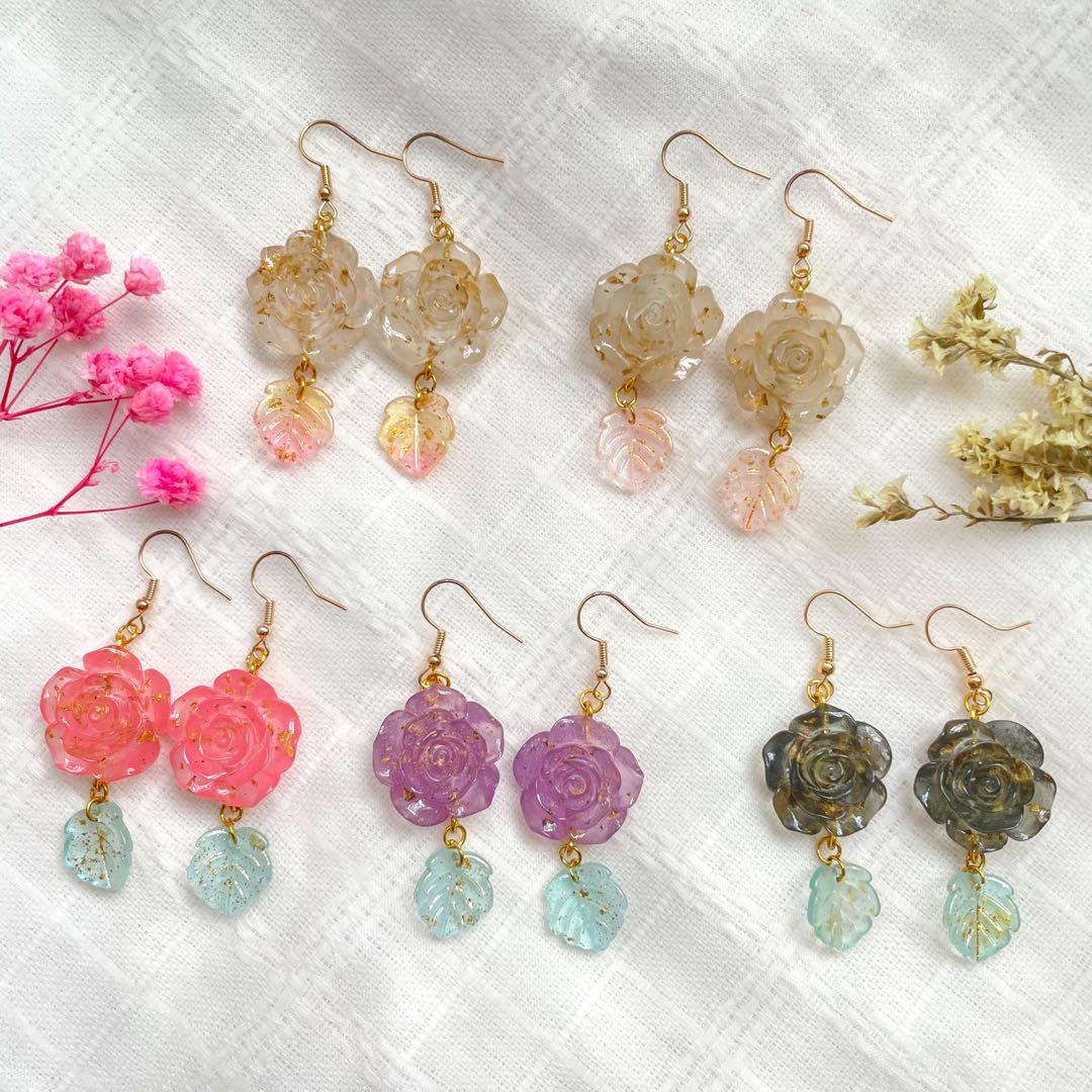 Resin roses earrings with leaf dangle self assembled handmade Korean jewellery accessories