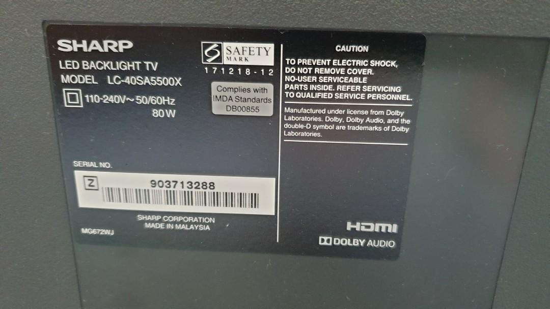 Sharp TV (Category: TV) located in Singapore. Submitted by the_ornament_shop (Listing ID 1091128061, Image 3). Description: TV not working..