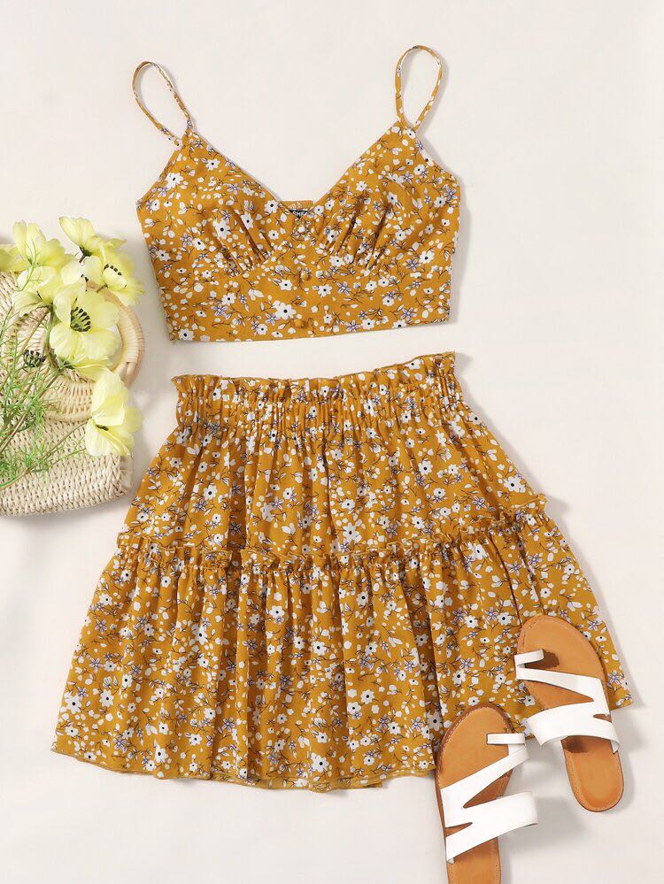 SHEIN Women s Two Piece Yellow Ditsy Floral Beach Bikini Skirt Set