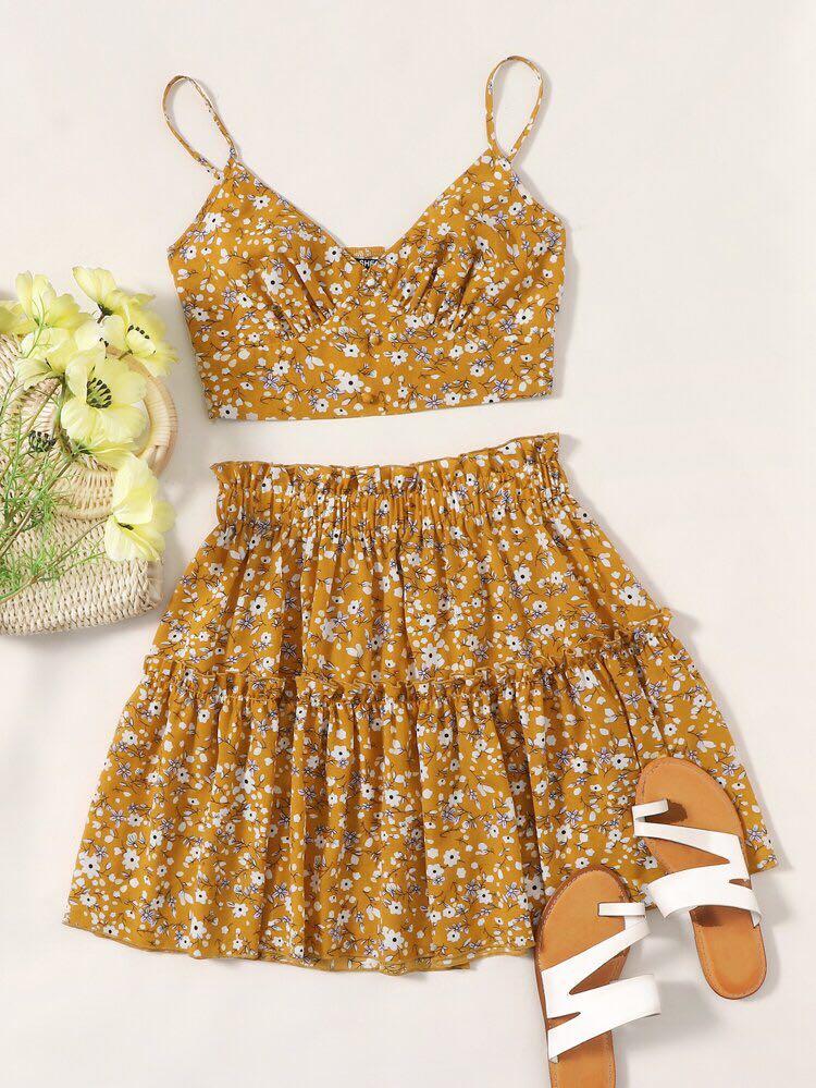 yellow floral two piece set