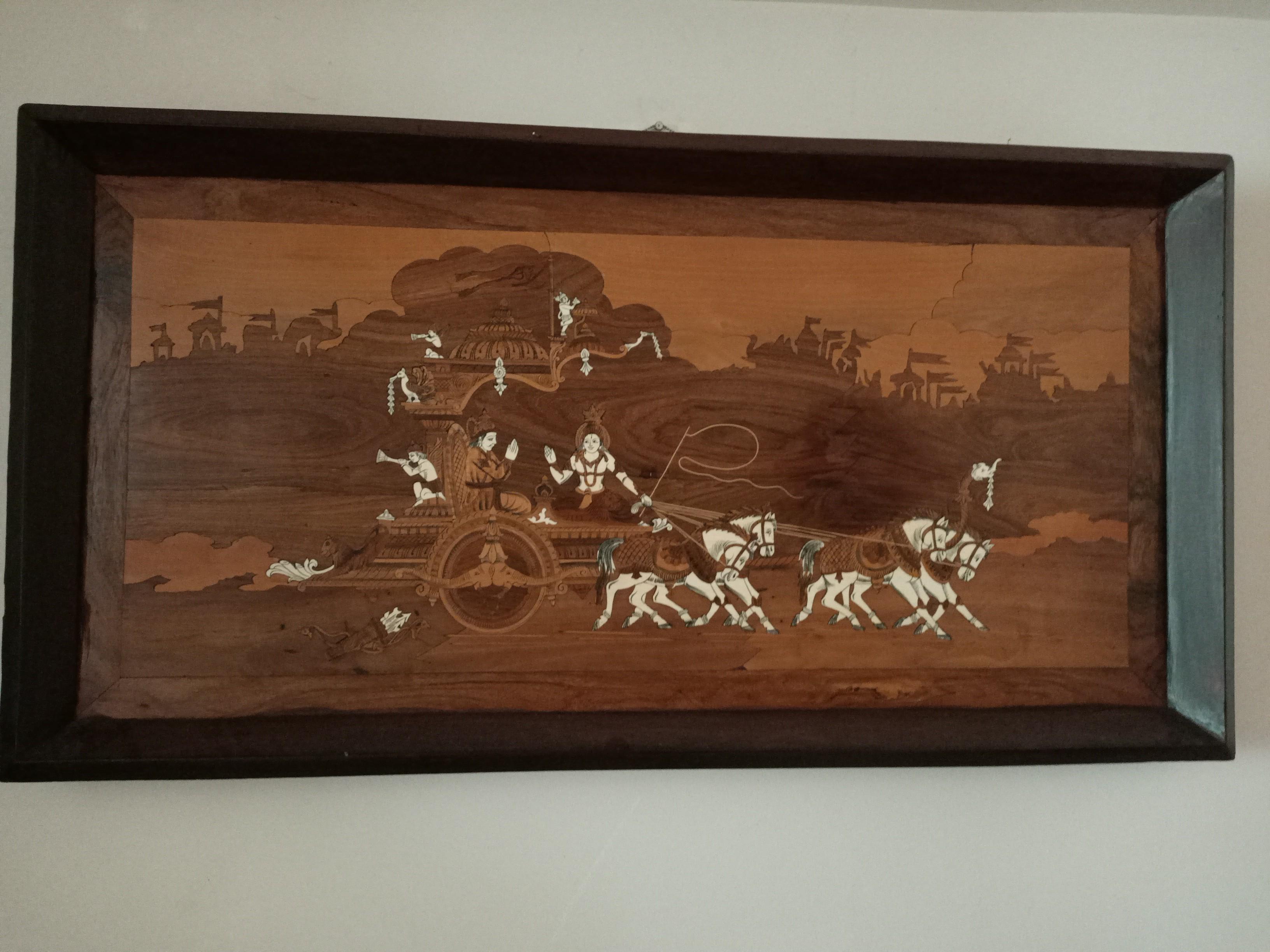 Mysore wood Inlay art of Lord Sri Krishna with Arjuna