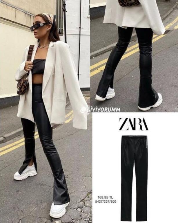 Zara HIGH-WAIST EXTRA LONG FAUX LEATHER LEGGINGS PANT, Fesyen Wanita,  Pakaian Wanita, Bawahan di Carousell
