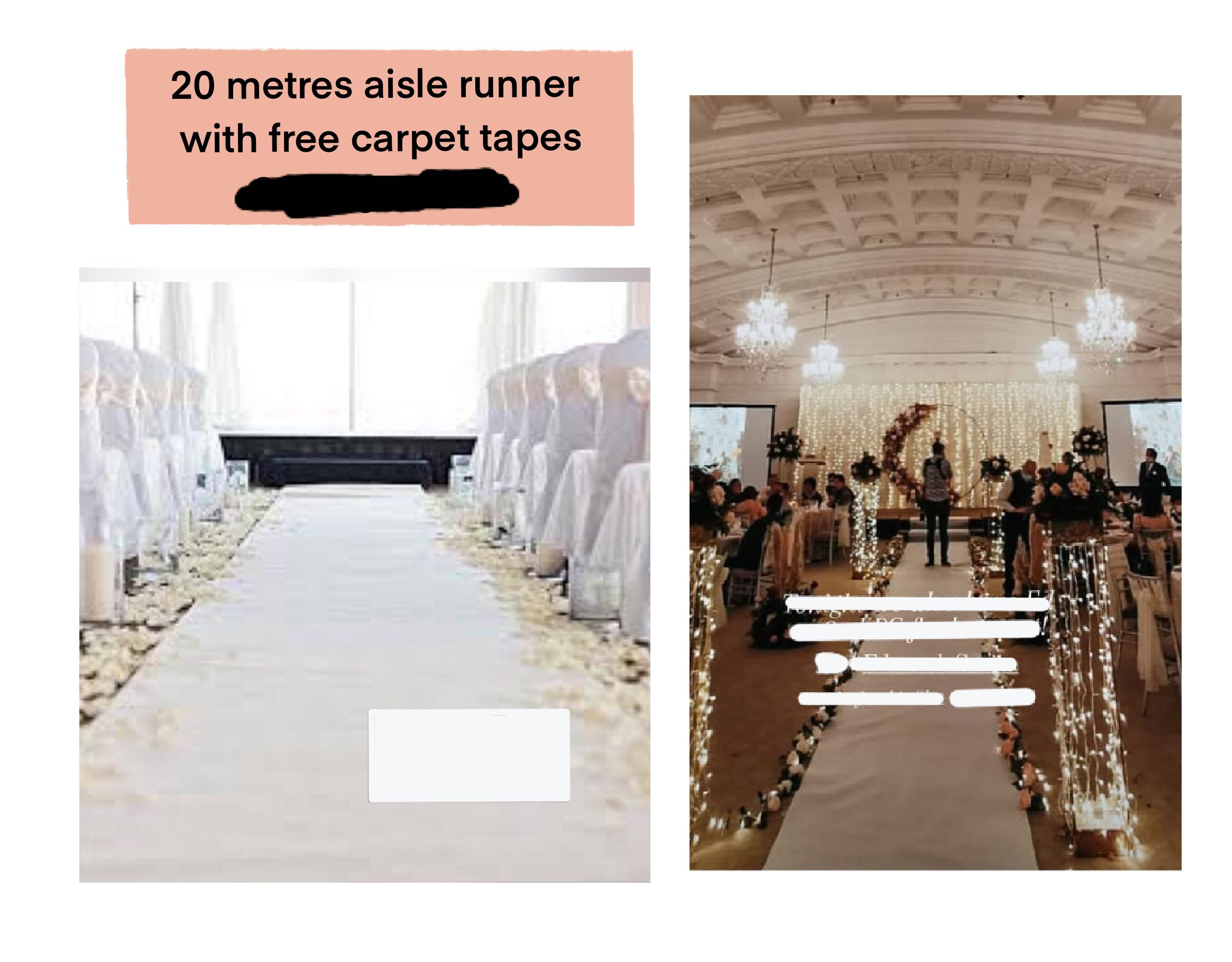 20 m white aisle runner with free carpet tapes for wedding celebrations