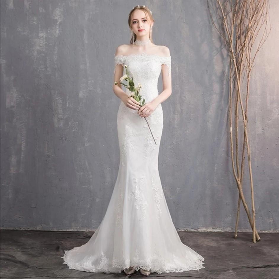 Brand New Simple Mermaid Lace Off Shoulder Wedding Gown Women s Fashion Dresses Sets Evening dresses gowns on Carousell