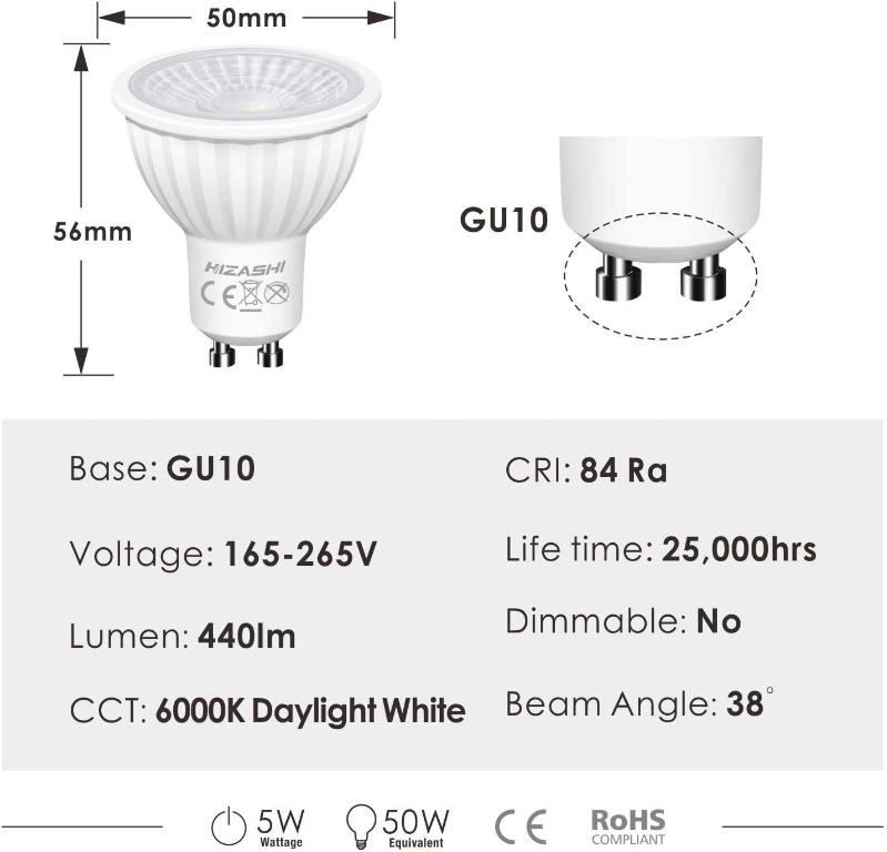 10 pcs 5W COB GU10 LED Light Bulbs-50W Equivalent-2800K-440LM 30 ° Beam Angle 