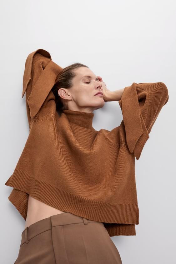 Zara brown knit sweater with ties high neck, Fesyen Wanita
