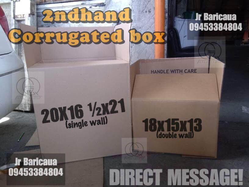 2nd hand/used Corrugates box (Category: Storage Boxes & Baskets) located in Quezon City. Submitted by gq.packagingsupplies.ph (Listing ID 1085900882, Image 2). Description: 𝗕𝗿𝗮𝗻𝗱𝗻𝗲𝘄 𝗕𝗮𝗹𝗶𝗸𝗯𝗮𝘆𝗮𝗻 𝗕𝗼𝘅 🛒33” x 19” x 19” Heavy duty / double wall 🛒20” x 20” x 20” double wall 🛒 18” x 16” x 18” single wall 𝟮𝗻𝗱 𝗵𝗮𝗻𝗱/𝘂𝘀𝗲𝗱 𝗯𝗼𝘅 🛒22” x 12” x 12 for 6gallon (doublewall) 🛒13” x 13” x 12” for 4gallon (singlewall) 🛒11” x 9 ½