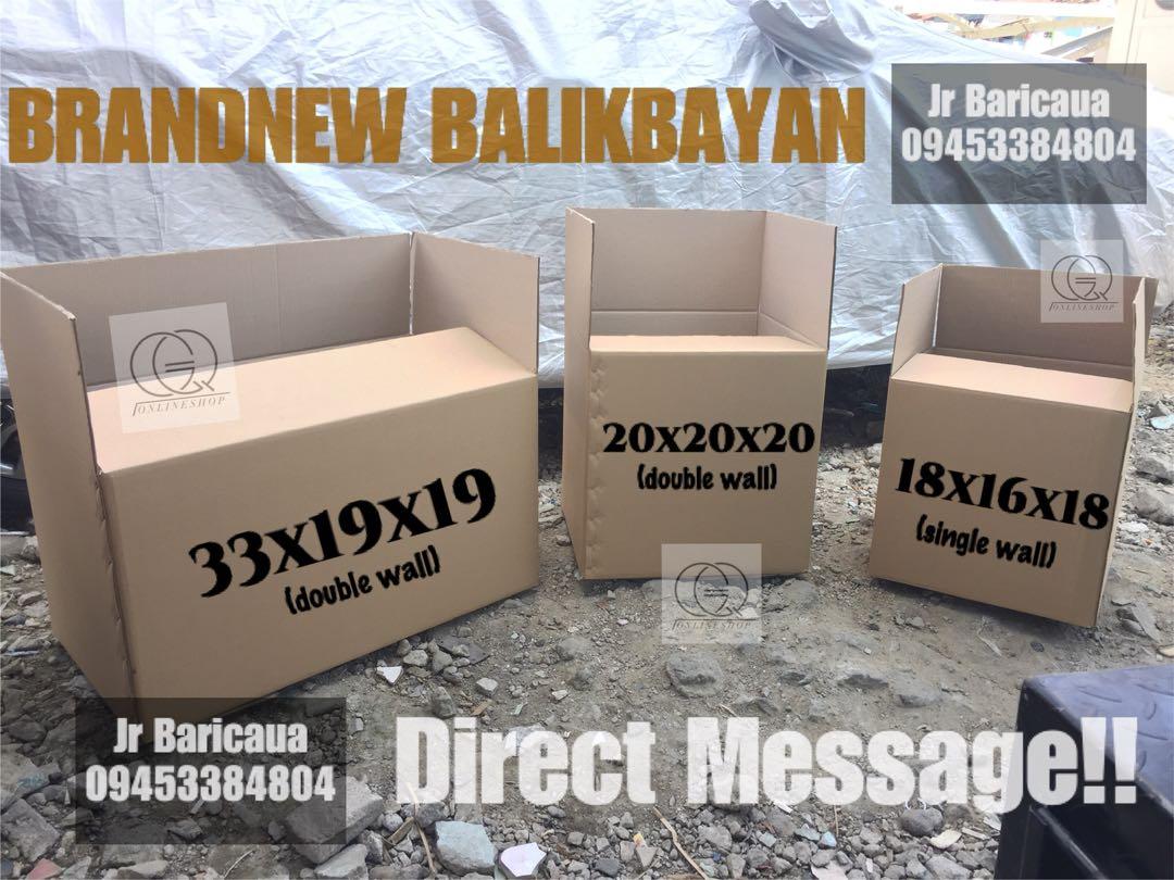 Brandnew Balikbayan box (Category: Storage Boxes & Baskets) located in Quezon City. Submitted by gq.packagingsupplies.ph (Listing ID 1085900292, Image 2). Description: 𝗕𝗿𝗮𝗻𝗱𝗻𝗲𝘄 𝗕𝗮𝗹𝗶𝗸𝗯𝗮𝘆𝗮𝗻 𝗕𝗼𝘅 🛒33” x 19” x 19” Heavy duty / double wall 🛒20” x 20” x 20” double wall 🛒 18” x 16” x 18” single wall 𝟮𝗻𝗱 𝗵𝗮𝗻𝗱/𝘂𝘀𝗲𝗱 𝗯𝗼𝘅 🛒22” x 12” x 12 for 6gallon (doublewall) 🛒13” x 13” x 12” for 4gallon (singlewall) 🛒11” x 9 ½ ” x 