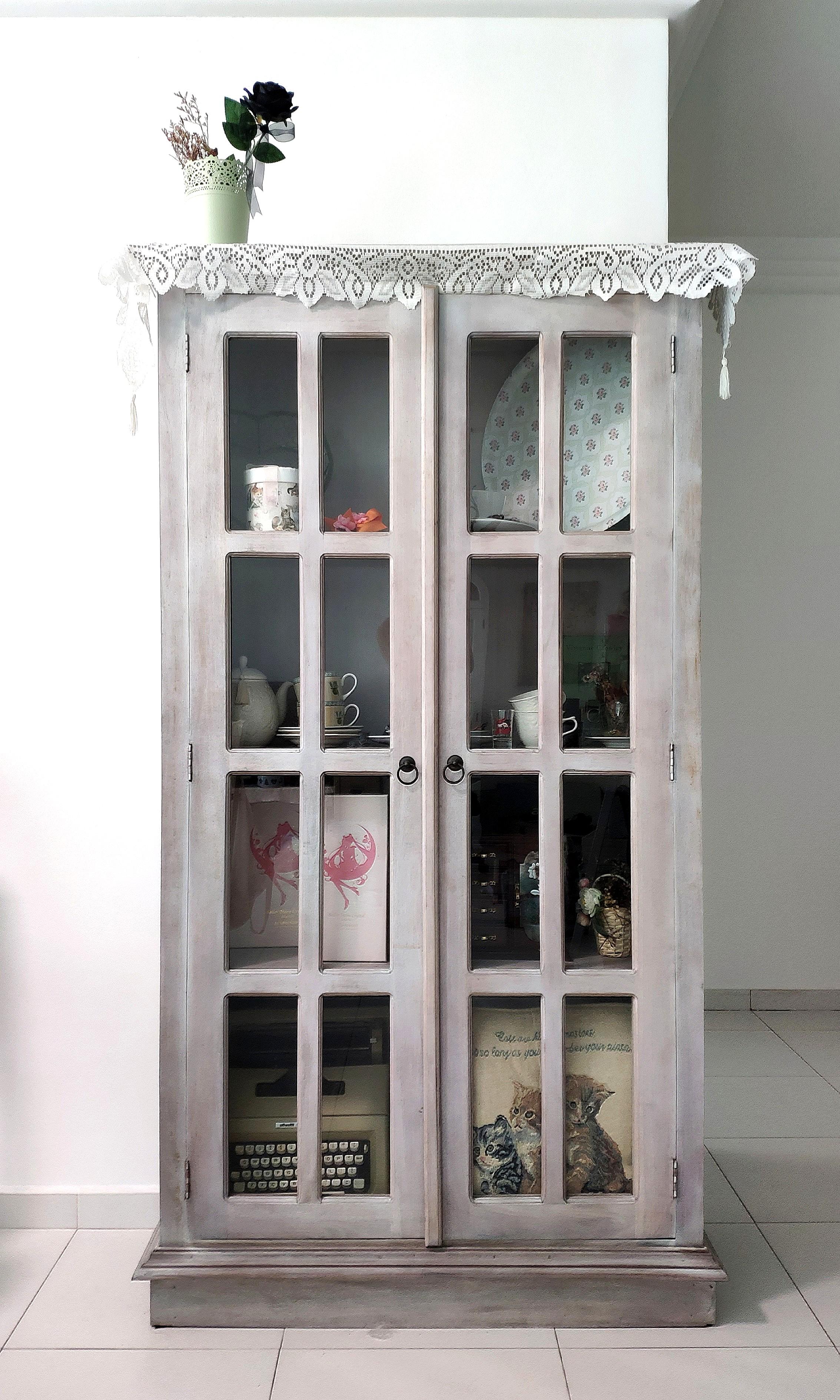 Pink/Lilac Tinted Tall Country Living Distress Raw Wood Display Cabinet ...