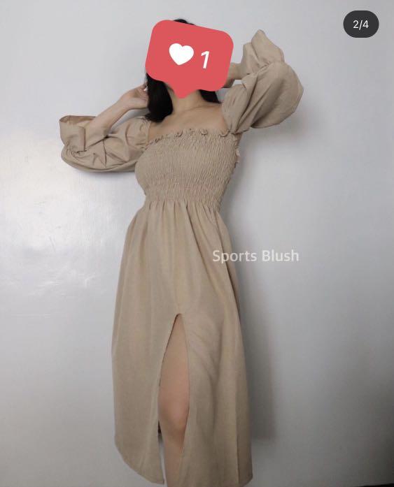 Smocked Midi Dress - Nude (Category: Dresses) located in Magalang. Submitted by aishops (Listing ID 1085894510, Image 2). Description: *FREESIZE* Fits S-L (Stretchable) Just washed, but never worn RFS: Bought another dress that almost looks the same.