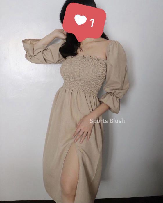 Smocked Midi Dress - Nude (Category: Dresses) located in Magalang. Submitted by aishops (Listing ID 1085894510, Image 1). Description: *FREESIZE* Fits S-L (Stretchable) Just washed, but never worn RFS: Bought another dress that almost looks the same.