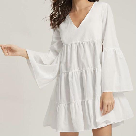 White long bell sleeve dress cheap