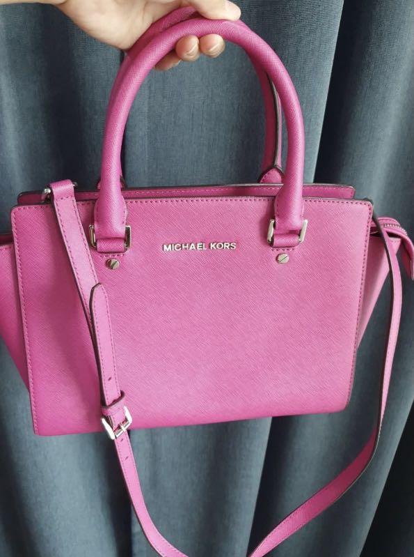 Authentic Michael Kors Selma Saffiano leather medium hot pink with strap,  Luxury, Bags & Wallets on Carousell