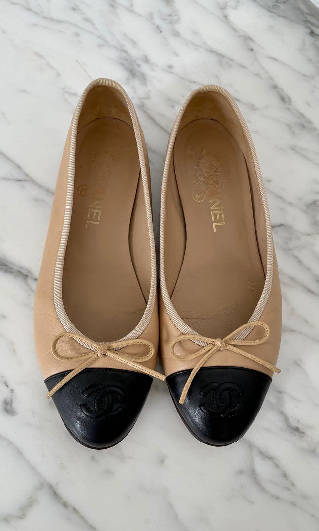 Chanel Beige/Black Leather Ballet Flats 36.5, Women's Fashion, Footwear, Flats  on Carousell