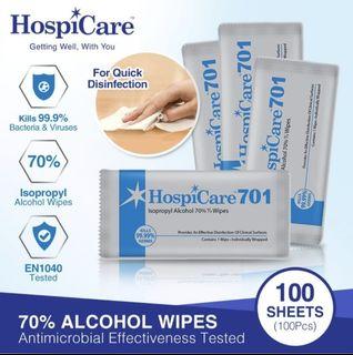 100 Sheets - Hospicare 701 IPA 70% Alcohol Wipes 