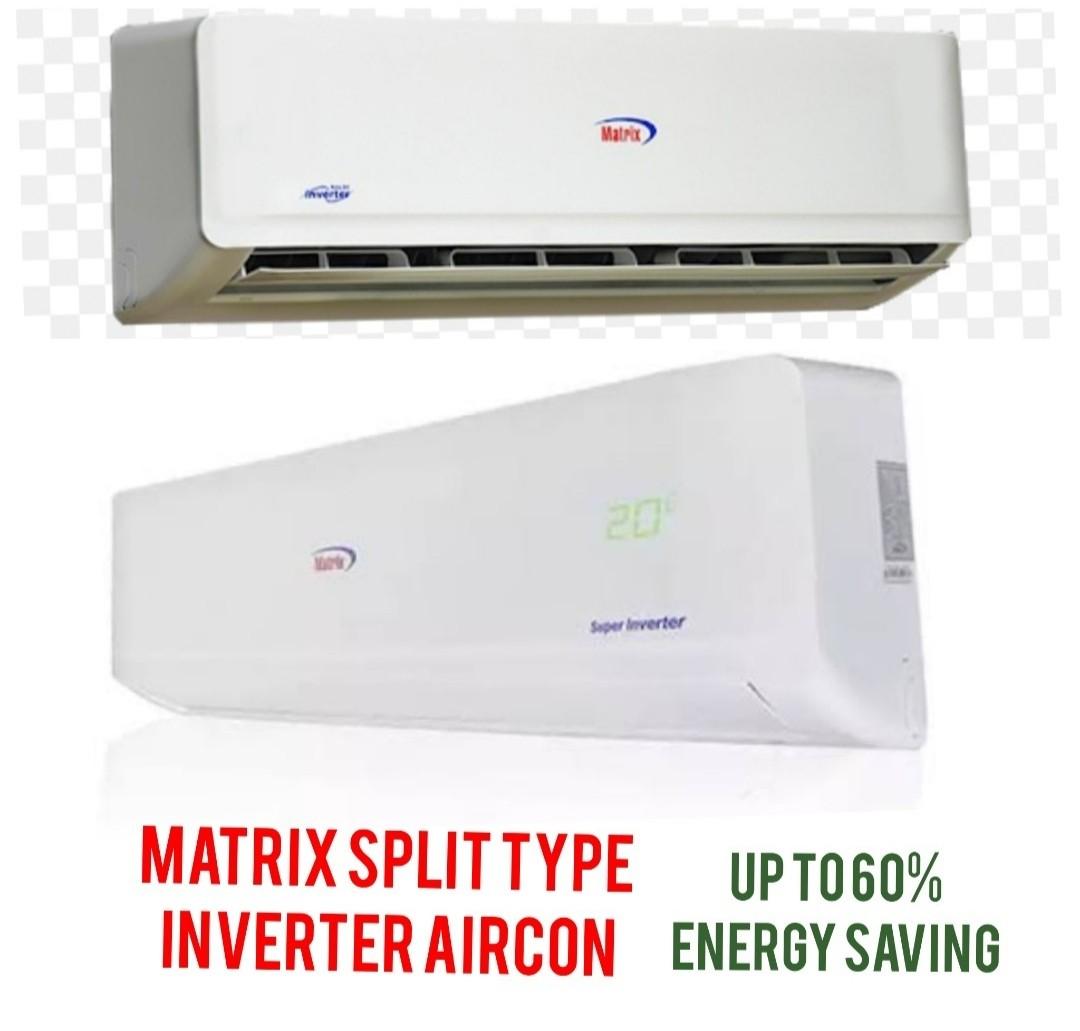 Matrix split type aircon free installation (Category: Air Conditioning and Heating) located in Makati City. Submitted by budgetappliance (Listing ID 1085975295, Image 1). Description: matrix split type aircon 1hp split inverter 24,999 1hp split non inverter 19,999 also available 1.5,2hp and 2.5hp split type aircon free installation free 10ft coppertube and wire bracket and breaker not included with 1year warranty parts and service 5years on compr