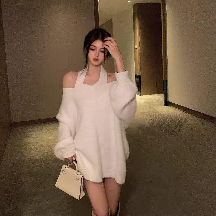 off shoulder furry oversized sweater Women s Fashion Tops Other