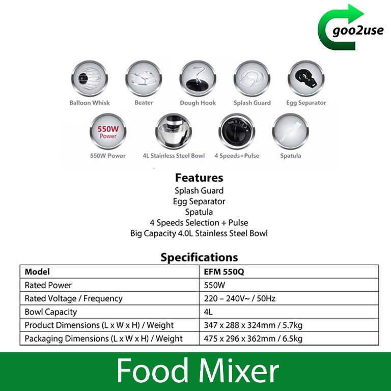 EuropAce Food Mixer EFM 550Q (Category: Hand & Stand Mixers) located in Singapore. Submitted by goo2use (Listing ID 1086145478, Image 2). Description: SKU E0105-211216 Condition:9/10 Very clean looking. Accessories as shown in the picture. ------------------------------------------------------------------------------- Self-pick up is around Enterprise Road. It is located in Jurong area. We do not have a show room, we are only a warehouse. We can 