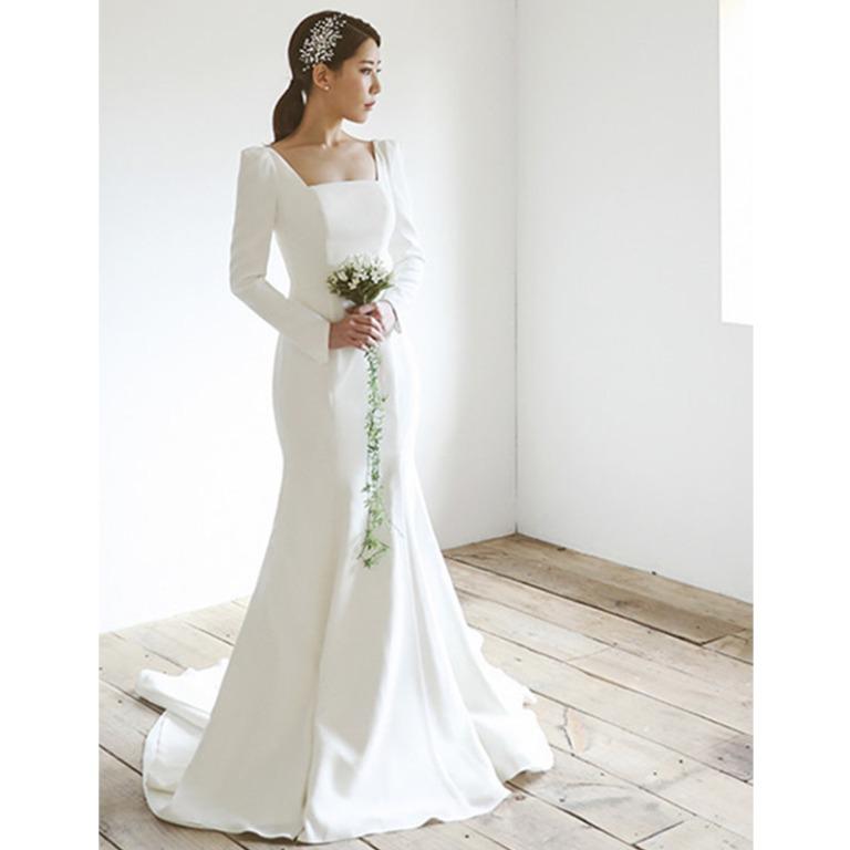 pre order Vintage white satin fishtail mermaid bodycon long sleeve wedding bridal dress gown RB2149