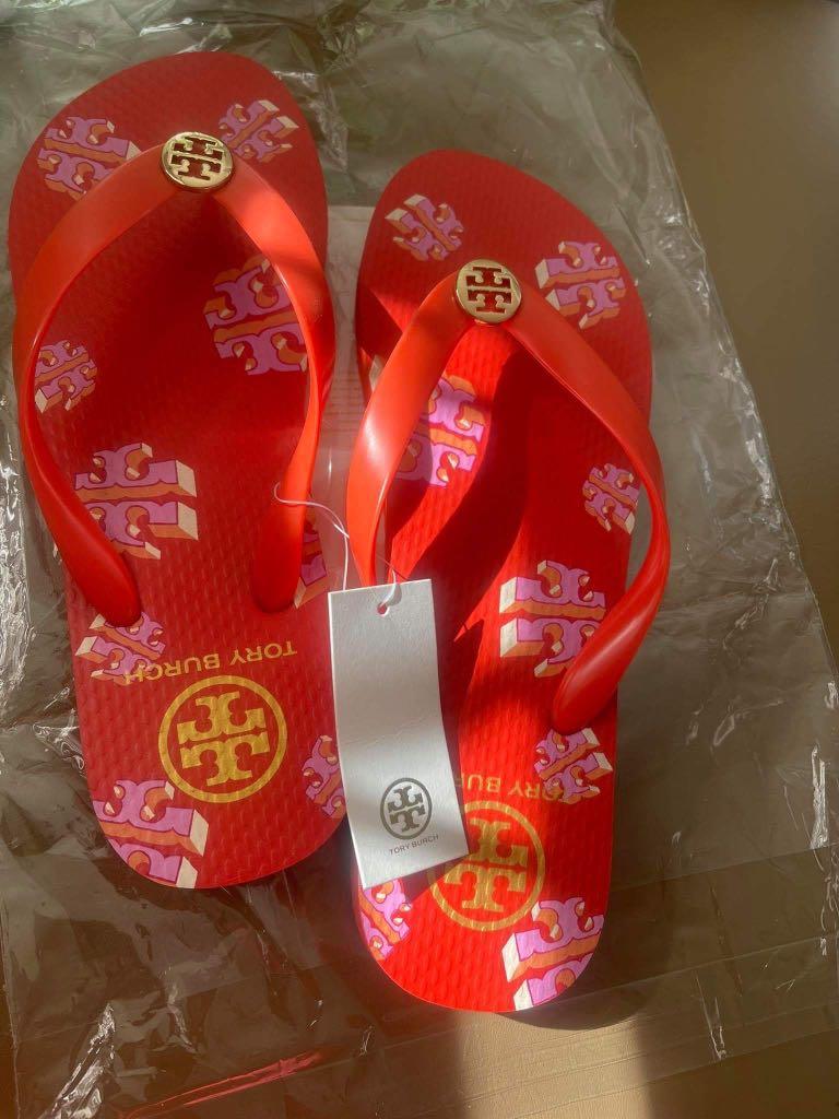 Tory Burch Poppy red crazy logo allover flip flops / slippers / slides,  Women's Fashion, Footwear, Slippers and slides on Carousell