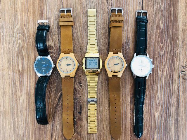 Watch (Casio, Wood, Tomato, Axis) (Category: Women's Watches) located in Taguig. Submitted by khriscruz (Listing ID 1086156272, Image 1). Description: Casio DB-360G-9ADF Vintage (Gold) - in good condition (rarely used) - with warranty card - bought at Hour Glass Megamall - bought for P3,910 - selling for P1,299 Kawayan Watch (2pcs available) - in good condition with box - bought for P1,500 each - selling for P699 each Black watch (Tomato) - with 