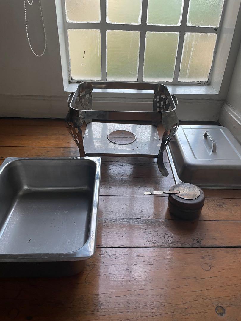 3 SETS Chaffing Dish / Food Warmer (Category: Other Kitchenware & Tableware) located in Pasig City. Submitted by carouselitems (Listing ID 1086413526, Image 2). Description: Pre-loved chaffing dish/food warmer - one set complete - one set without food pan - one set with double water holder.
