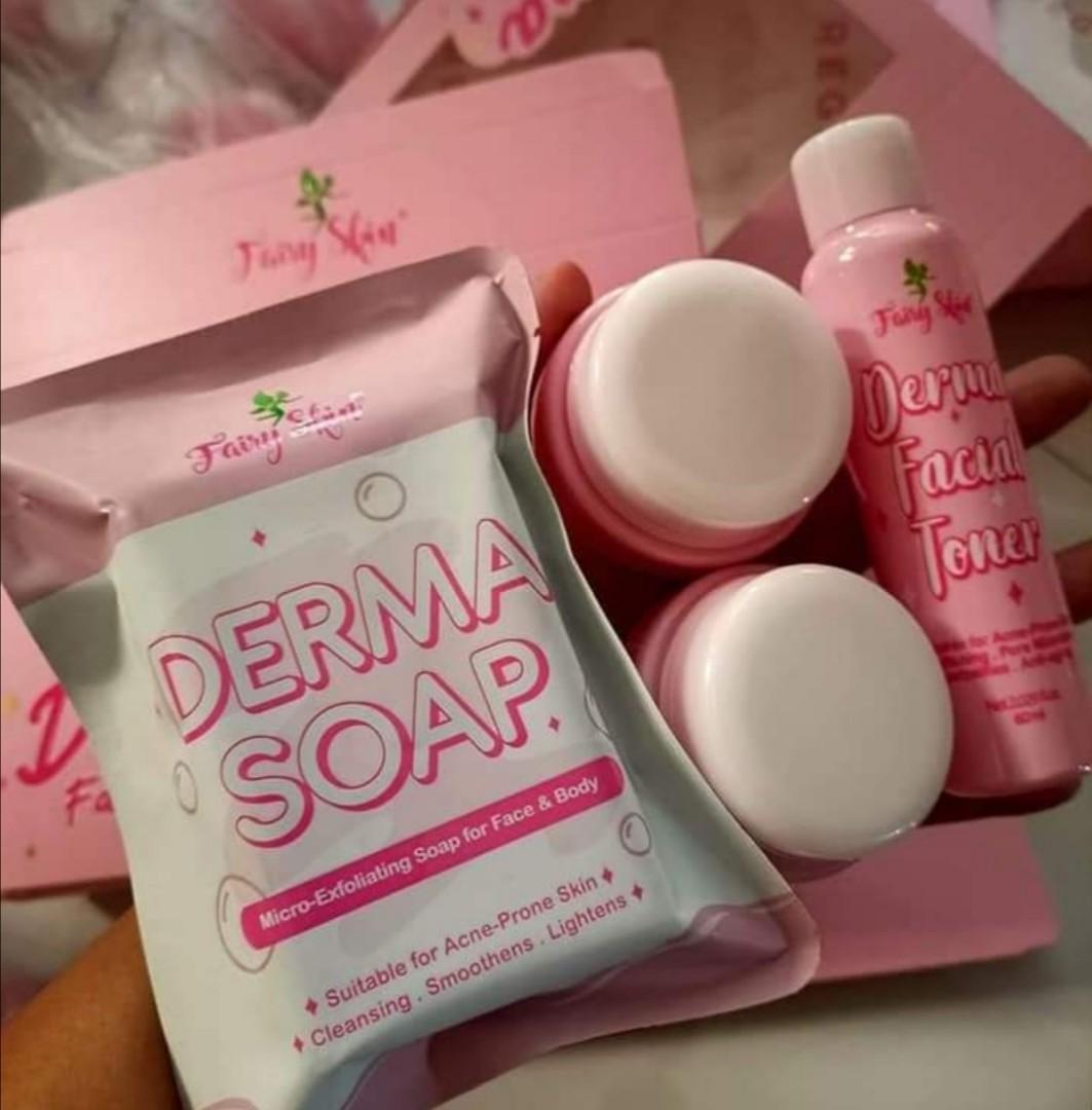 Fairyskin dermaset (Category: Face Care) located in San Juan City. Submitted by dollmac (Listing ID 1086318037, Image 1). Description: Complete set 1soap 1sunblock 1cream 1toner.