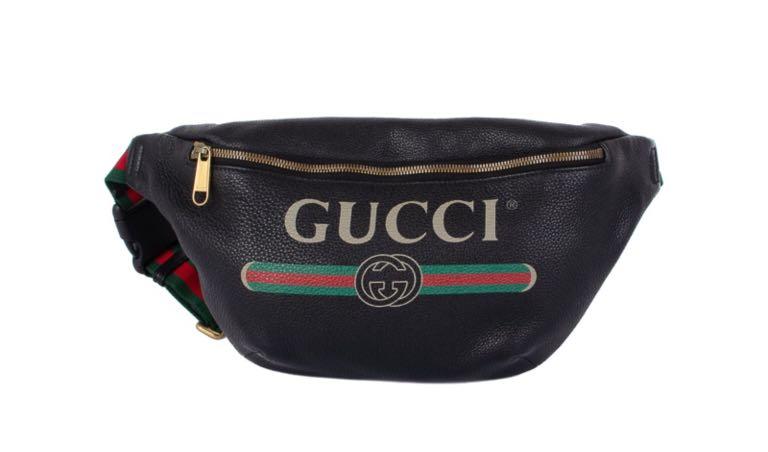 GUCCI Black Print Pebbled Leather Large Belt Bag