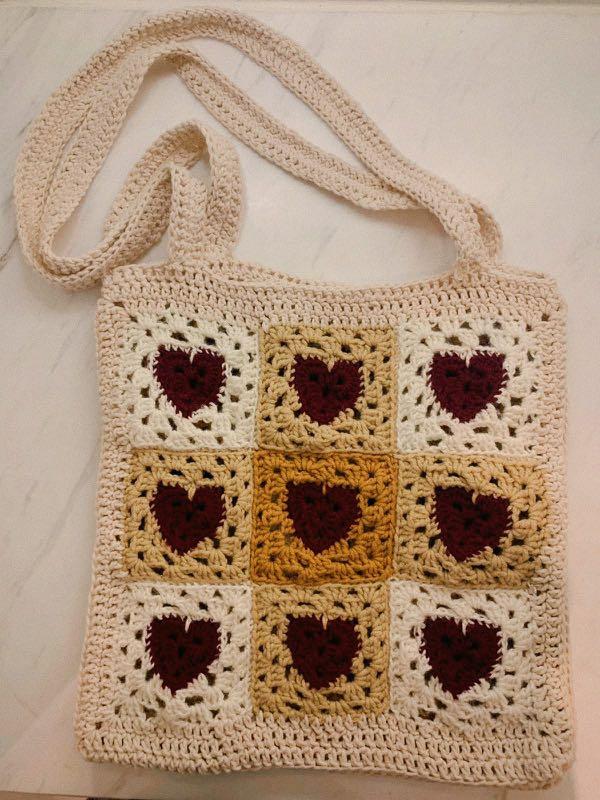 Heart Crotchet Granny Square Tote Bag 