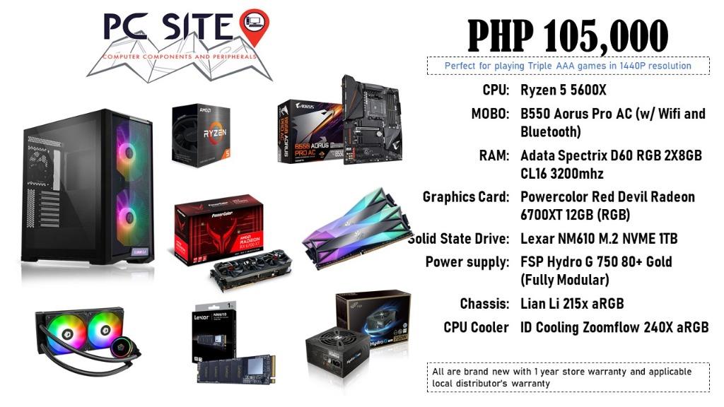 High End Gaming PC (1440P Gaming) (Category: Desktops) located in Valenzuela. Submitted by sneakerken (Listing ID 1086478406, Image 1). Description: High End Gaming PC featuring Ryzen 5 5600x and 6700XT 12GB The CPU and GPU combo can handle 1440P Gaming at Ultra nightmare settings :) Specs: Ryzen 5 5600x B550 Aorus Pro AC Adata XPG Spectrix D60 RGB 2x8GB CL16 3200mhz Powercolo Red Devil Radeon 6700XT 12GB (TRIFAN) Lexar NM610 M.2 NVME 1TB FSP Hyd