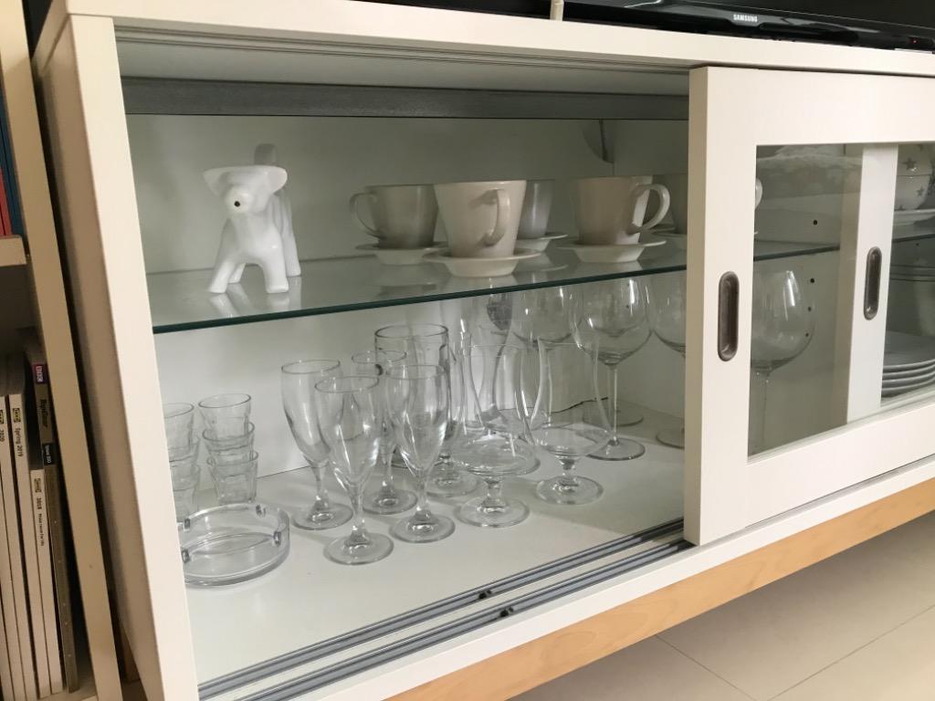 IKEA TV stand with sliding doors and glass shelves, Furniture & Home
