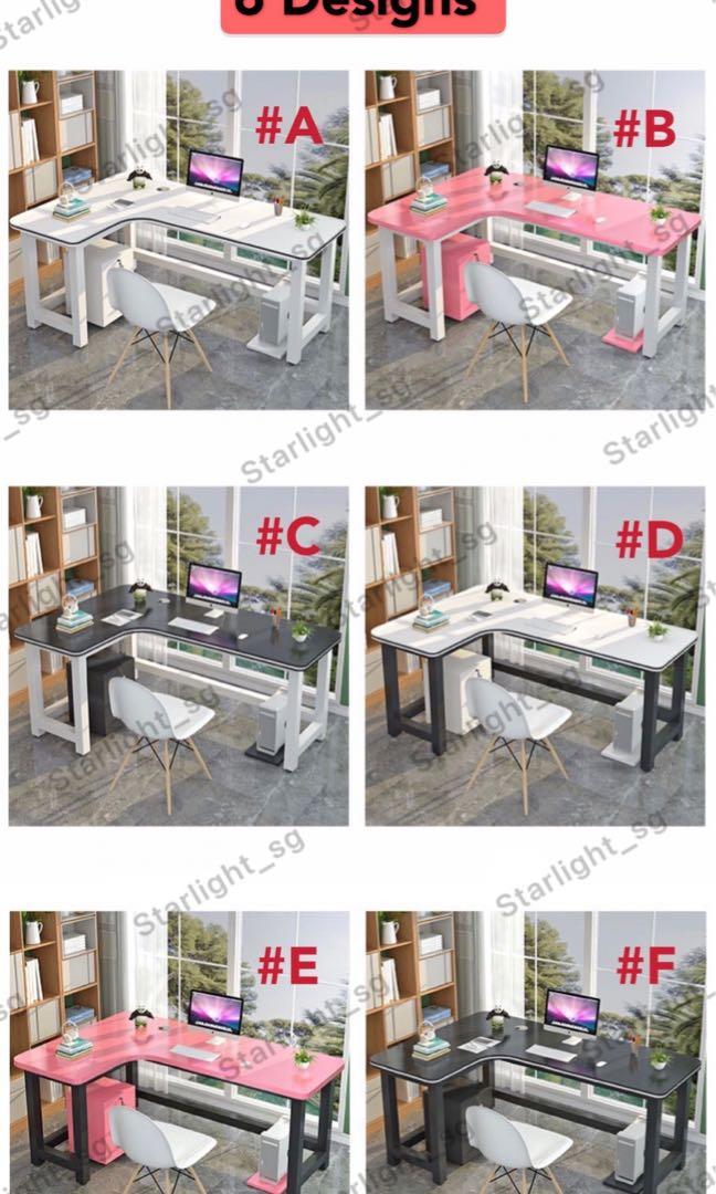 L Shape Study Table Office Table Computer Table (Category: Tables & Sets) located in Singapore. Submitted by starlight_sg (Listing ID 1086436425, Image 3). Description: FREE HOME DELIVERY 3-4 Weeks Lead Time Colours: 6 Different Designs (See Photos above) DIY Self Assembly Chat me up for live photos! Bulk Purchase available Available Sizes: #1) 120*80*74 (Left/Right) -$178 #2) 120*100*74 (Left/Right) -$193 #3) 120*120*74 (Left/Right) -$208 #4) 14