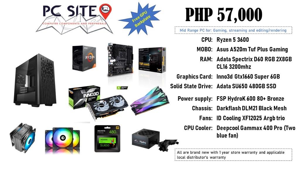 Mid Range Gaming PC (Ryzen 5 3600 + GTX1660 Super (Category: Desktops) located in Valenzuela. Submitted by sneakerken (Listing ID 1086482361, Image 1). Description: Mid Range Gaming PC for sale (Ryzen 5 3600 + GTX1660 Super) PHP 58,500 only! Specs: Ryzen 5 3600 Asus A520m Tuf Plus Gaming XPG Spectrix D60 2X8GB CL16 3200mhz Inno3d Gtx1660 Super (W/ free GPU Custom backplate) Adata SU650 480GB SSD FSP HydroK 600 80+ Bronze Deepcool Mattrexx 40 Mesh