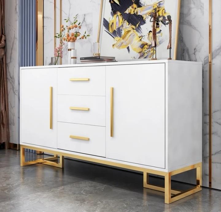 Instock 27 May Mozart Piano White Gold Sideboard Credenza Cabinet 2 Doors 3 Drawers Solid Wood Chrome