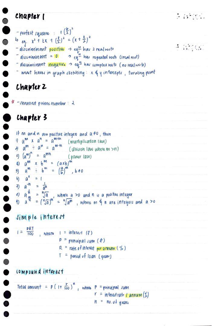 O level Elementary math notes (Category: Assessment Books) located in Singapore. Submitted by chunkiies (Listing ID 1085892150, Image 3). Description: - notes available in soft & hard copy (soft copy will be sent to your email once payment is made) - attained 9 distinctions in O levels, with a net L1R5 of 3 - postage fees depend on weight of notes - notes are VERY concise, great for last min. recaps on key concepts and definitions price : - soft 