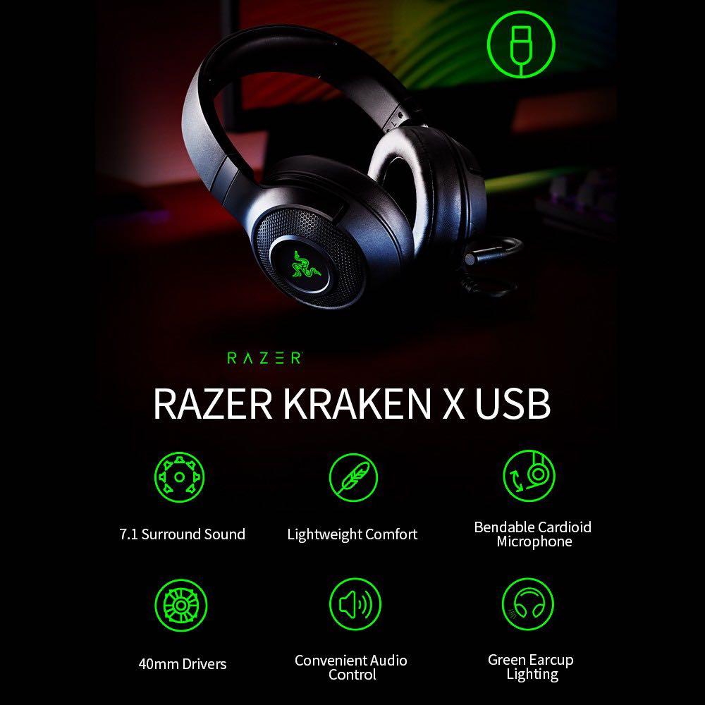 RAZER KRAKEN X USB GAMING HEADSET 7.1 SURROUND SOUND, Video Gaming, Gaming  Accessories on Carousell