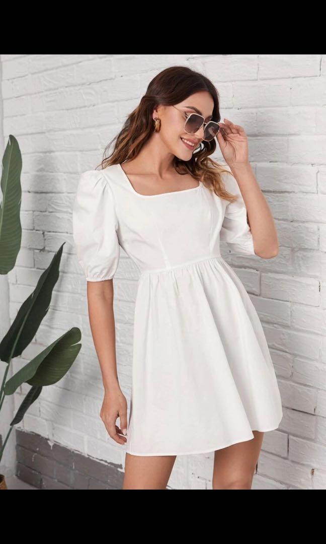 Shein White Puff Sleeve Dress S, Women's Fashion, Dresses u0026 Sets, Dresses  on Carousell
