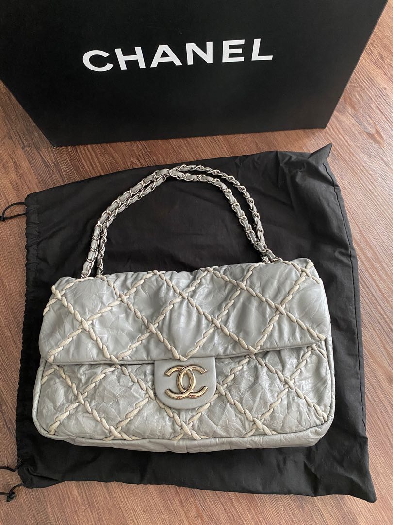 Chanel Grey Crinkled Leather Ultra Stitch Classic Flap Bag Luxury