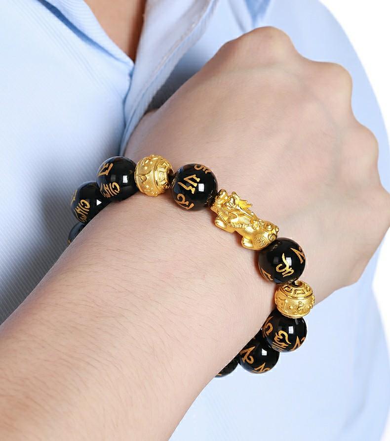 3D HARD GOLD LUCKY PIXIU MEN BRACELET WITH ENGRAVED MANTRA Men s