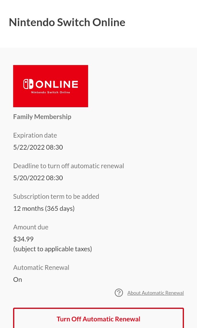 Nintendo Switch Family Membership 12month, Video Gaming, Video Games