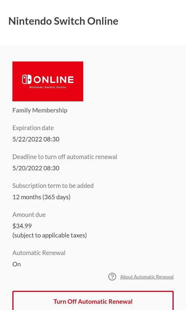 Nintendo Switch Family Membership 12month, Video Gaming, Video Games
