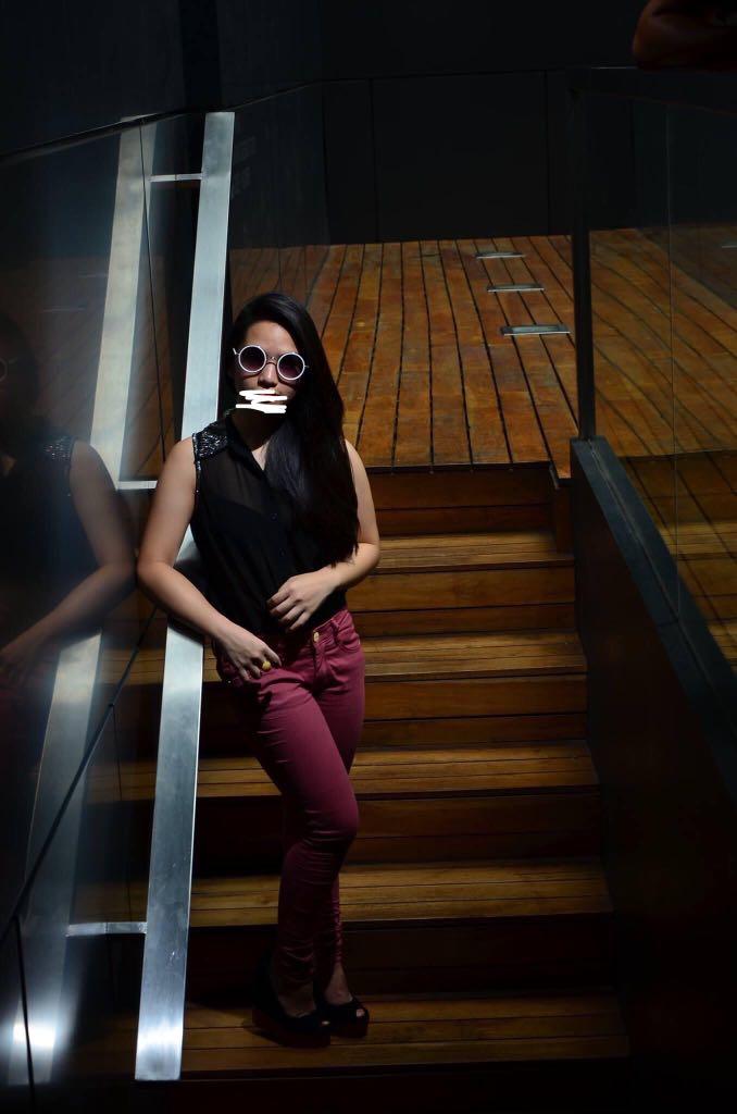 Sheer black top \u0026 maroon pants, Women's 